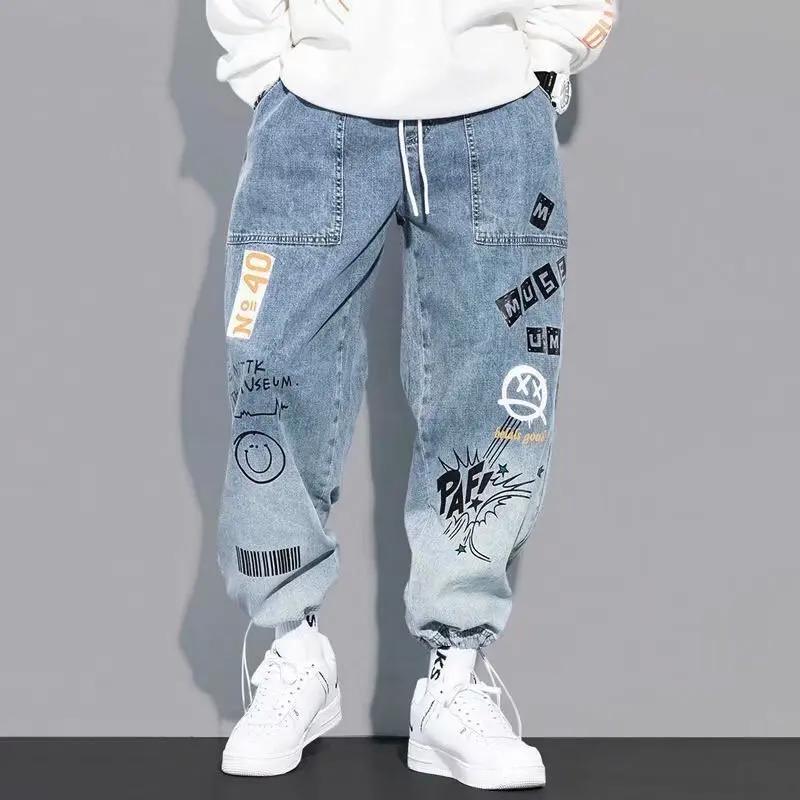 Kyn Apparel Korean Clothing  Men Letter Printed Jeans High Waisted Baggy Jeans Cartoon Graffiti Hip-Hop Pants Blue Jeans
