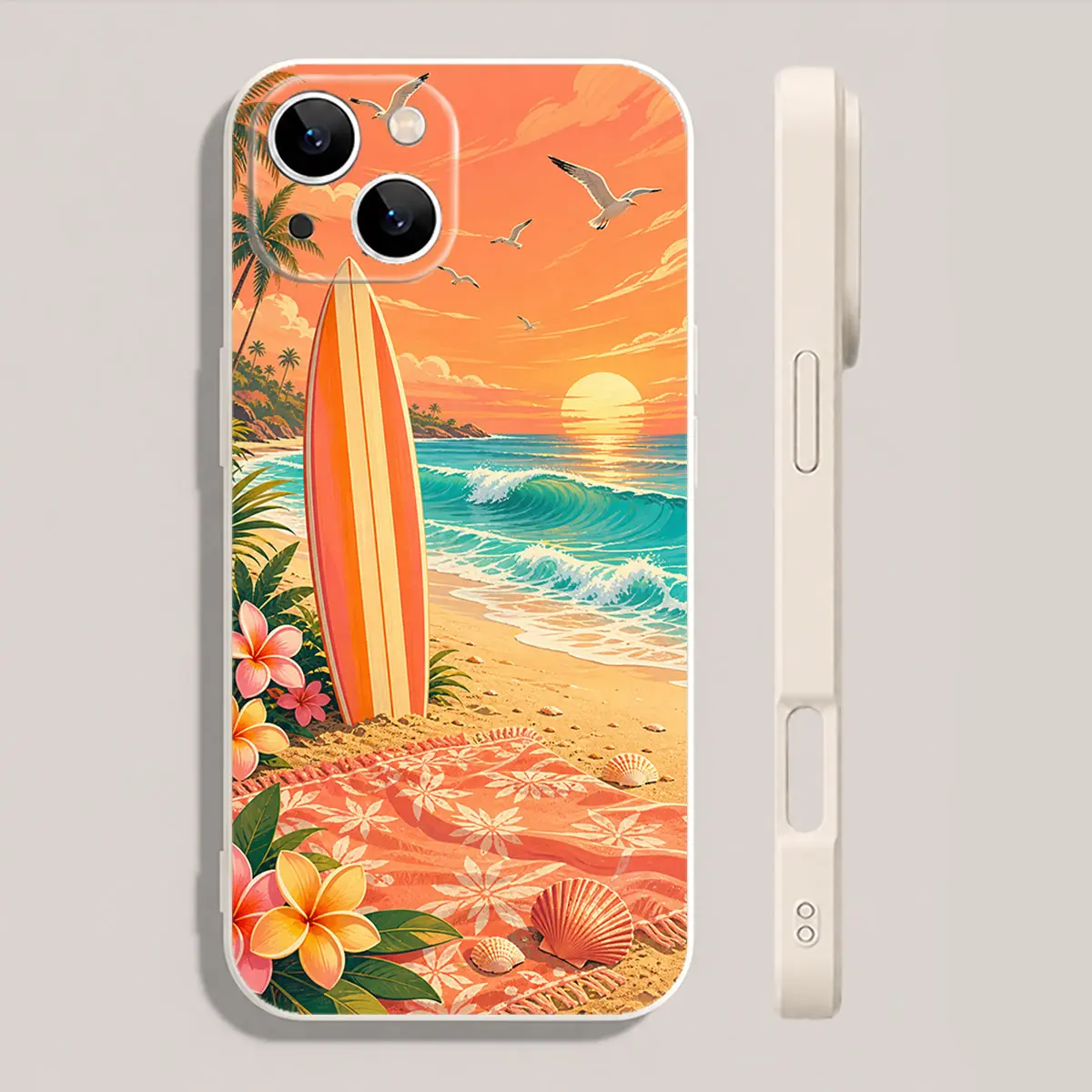 Sunset Surfboard Beach Phone Case Tropical Ocean Art Full Coverage for iPhone 17 16 15 14 13 12 11 X Plus Pro Max Beach Lover Gift