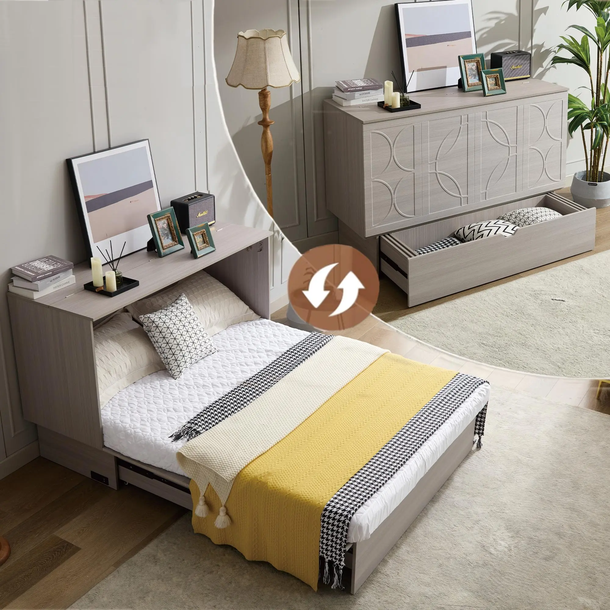 Queen Murphy Bed with Storage Cabinet, Folding Foam Mattress, Oversized Drawer, USB and AC Ports, Gray Wood Composite, Space-Saving Wall Bed for Guest Room or Living Room