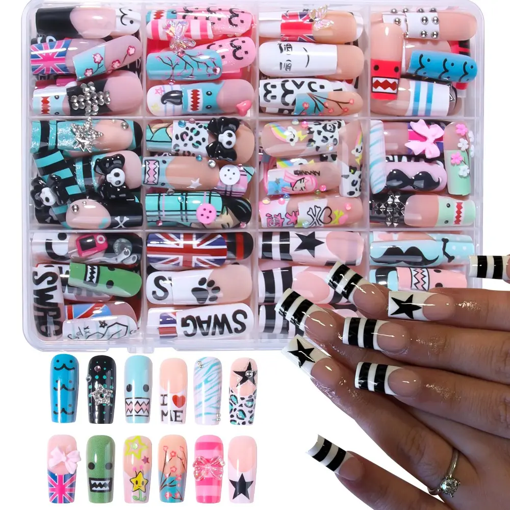 288pcs Long Coffin French Press-On Nails, Acrylic Nail Art Set, Bow, Star, Skull Decor, Fall Winter Nails for Women and Girls
