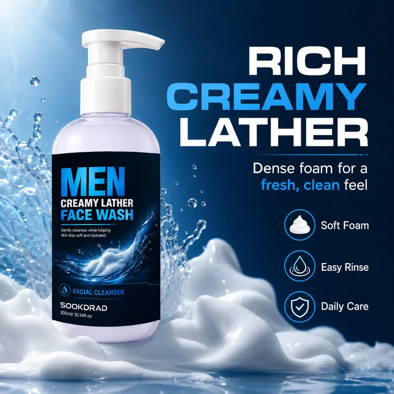 Men creamy lather face wash, gentle cleansing, keep skin soft and hydrated, facial cleanser, for face, for men, 300ml/10.14fl oz