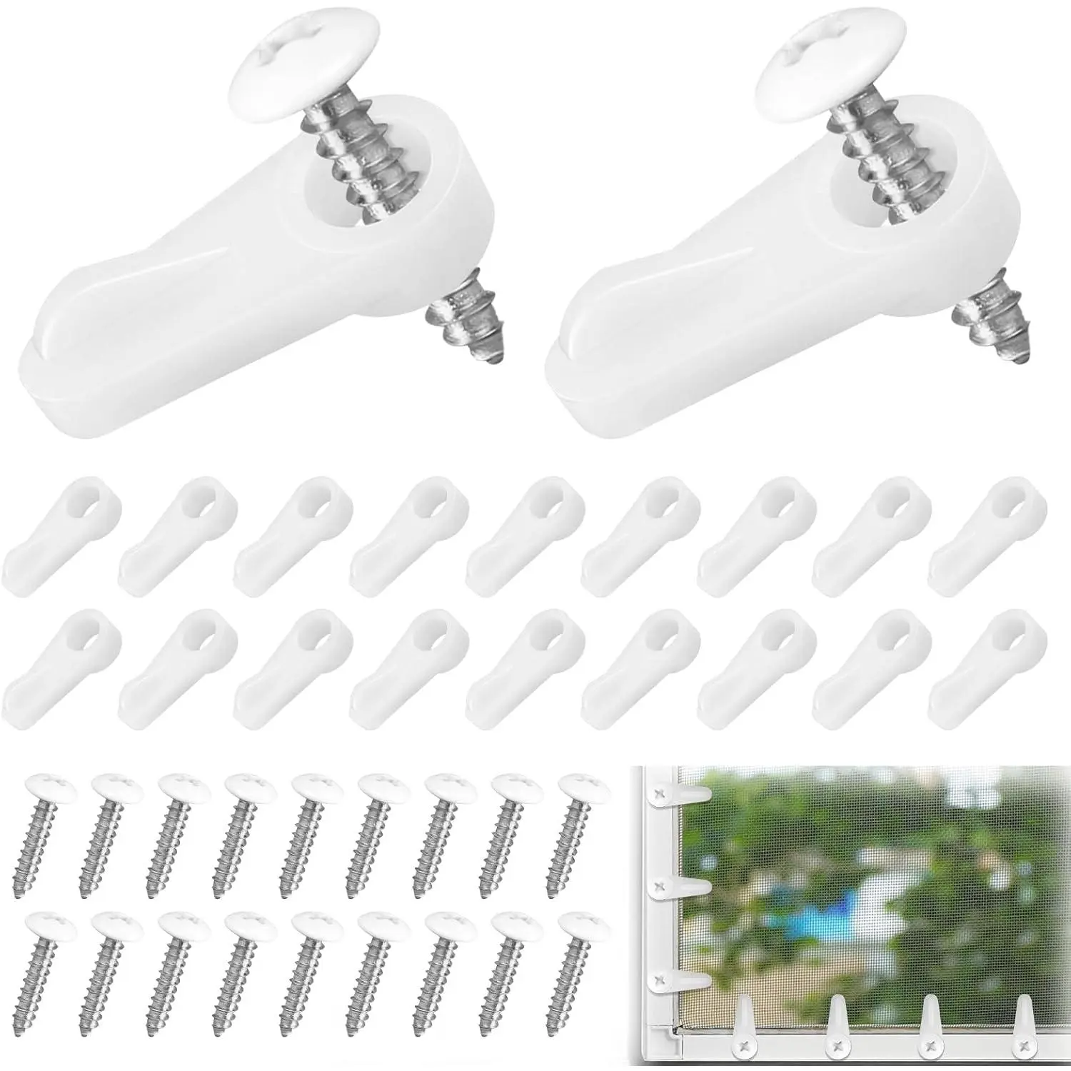 20 Pack Window Screen Clips, PL 7909 Molded Plastic Window Screen Holder Clips with Screws, Storm Window Clips for Fastens Windows Screens Storm Door Panels (White)