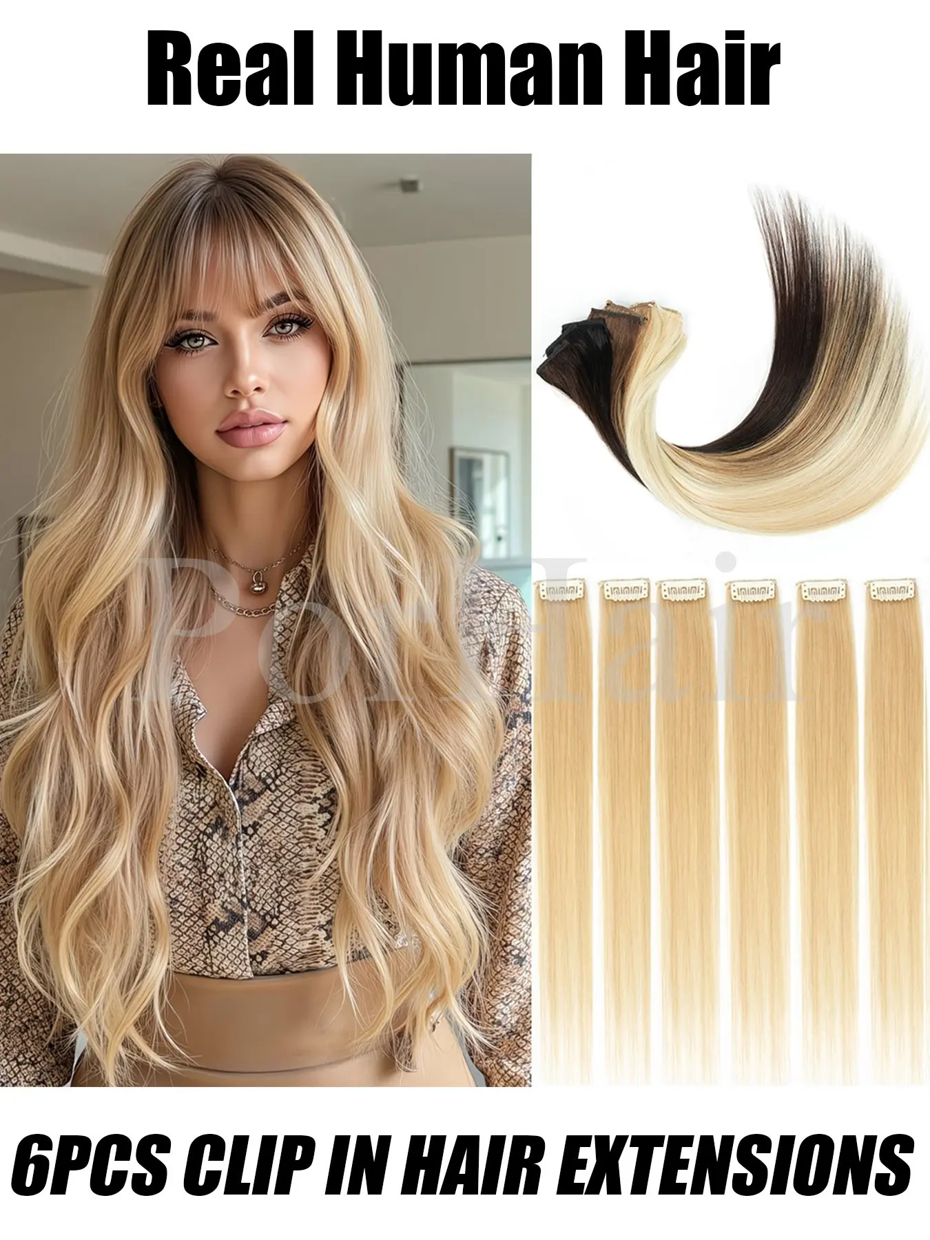 6pcs/set Blonde Clip in One Piece Hair Extensions Human Hair Women Natural Black Brown Straight Clip in Human Hair Accessories