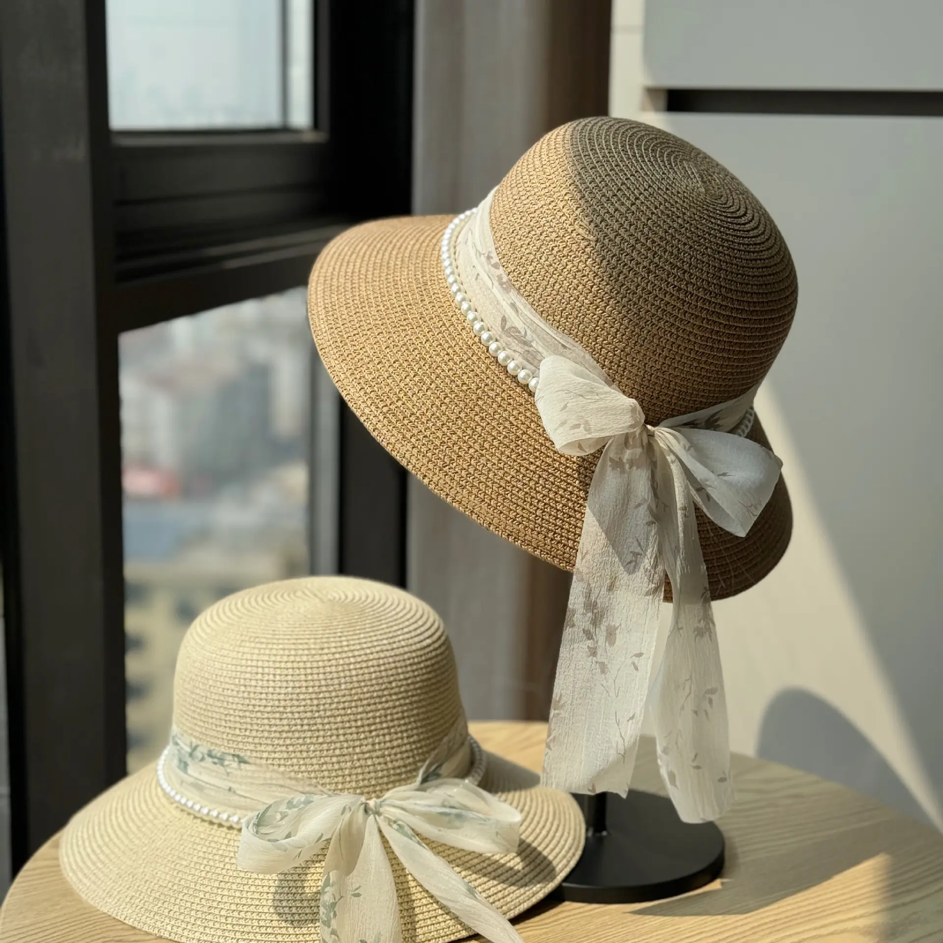 Get ready for summer with this pearl ribbon straw hat elegant bow sun hat perfect for beach vacation outfit vintage romantic coquette aesthetic vibe breathable packable wide brim panama hat trendy headwear travel accessory