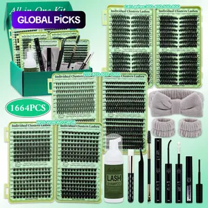 1664pcs/set D Curl Lash Clusters Kit, 12 Styles Cat-Eye & Volume Lashes Book with Bond and Seal, Lash Remover, Brush, Applicator, Headband, Wristband & Lash Shampoo, Perfect for Beginners & Professionals, DIY Eyelash Extensions at Home Easily