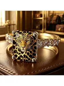 Retro leopard head printed square ring, a full-diamond ring with a wild Western style, a piece of jewelry for layering and gifting that exudes a retro, wild, and spicy girl vibe