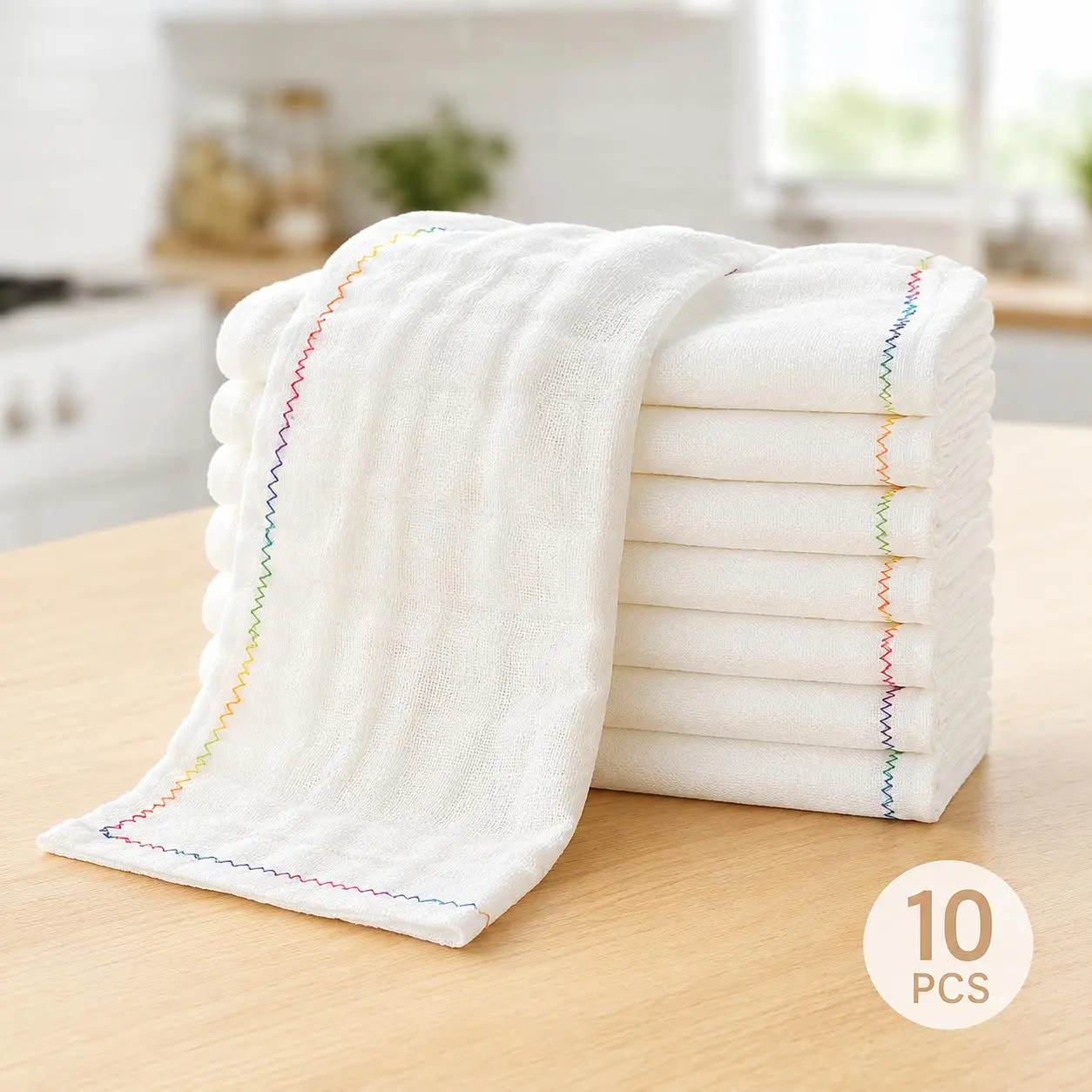10-Pack Rainbow-Edge Kitchen Dish Cloths, Oil-Resistant Lint-Free Reusable Cleaning Rags for Dishwashing, Dishes, Countertops, Sinks & Household Cleaning, Easy-Rinse Scouring Cloths
