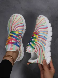 Women's Rainbow Gradient Lace-Up Sneakers Comfortable Flat Shoes for Daily Wear