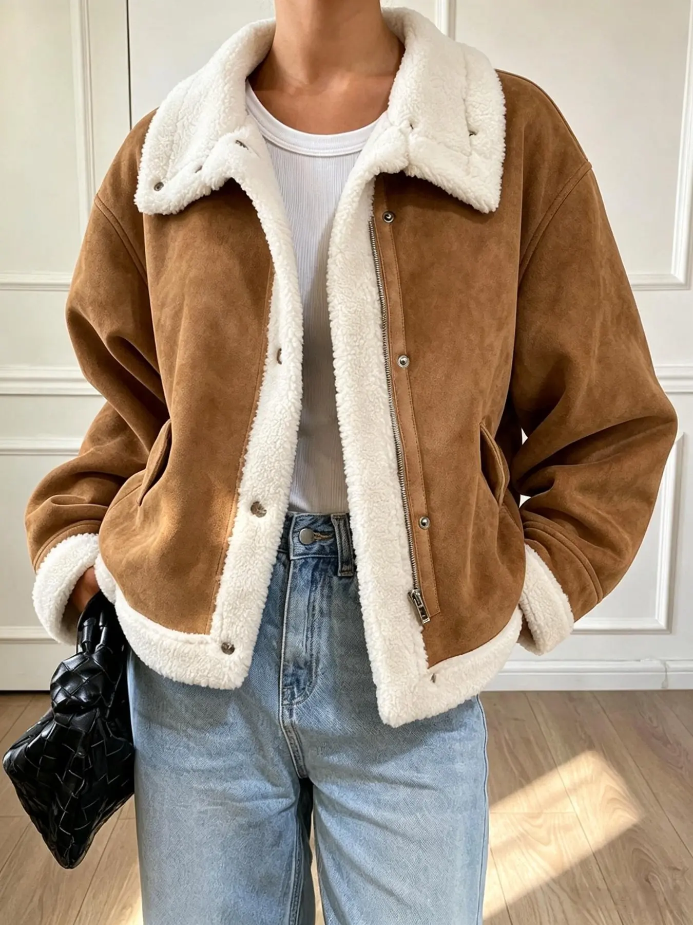 Women's Faux Suede Shearling‑Lined Hooded Jacket, American Vintage Moto Style, Zip‑Snap Dual Placket Loose Warm Coat With Side Pockets, For Commute, Travel, Shopping, Gathering & Outdoor Casual, Autumn Winter Outerwear