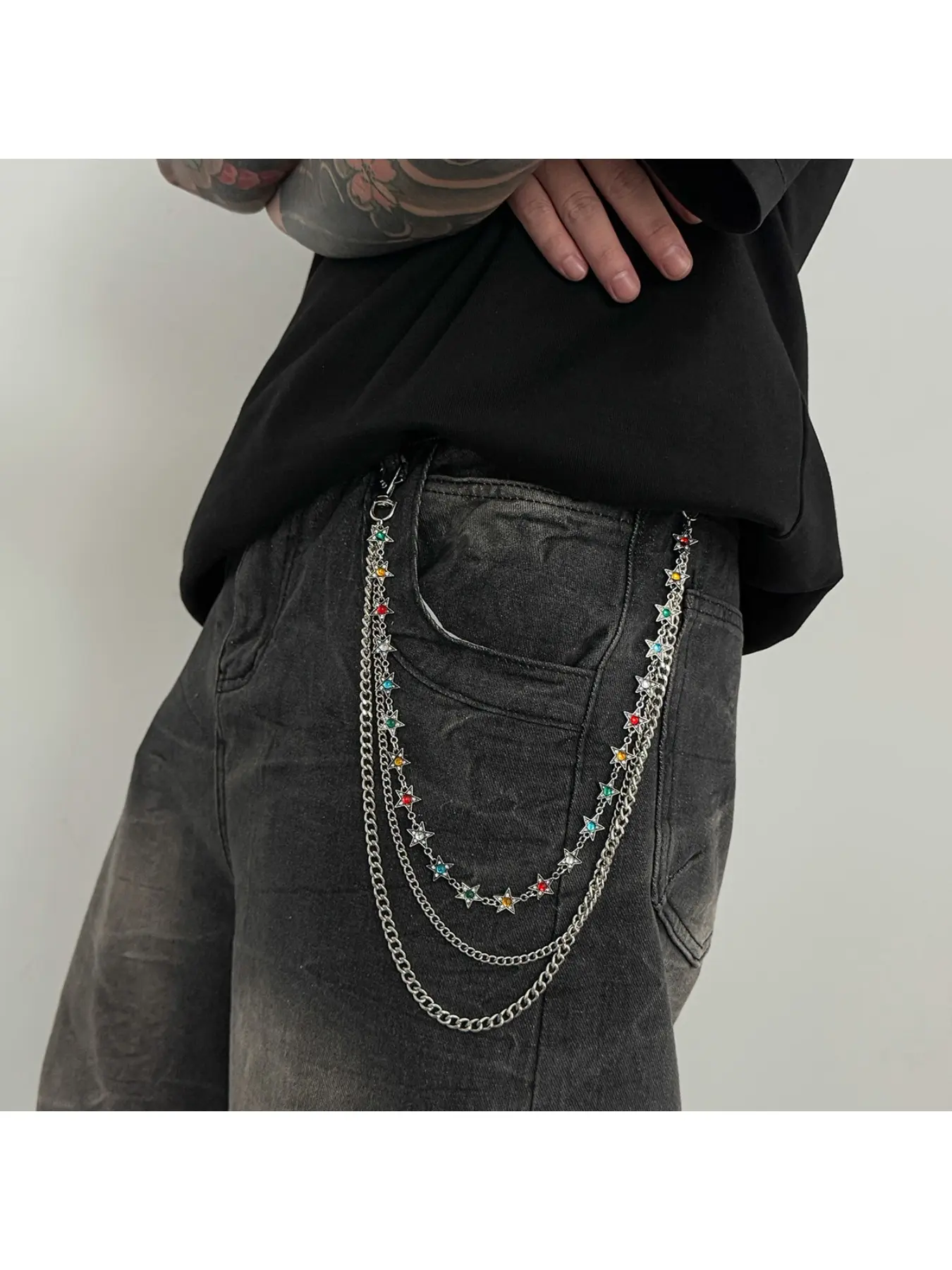 1Pc Y2K Multi Layer Silver Pant Chain Colorful Rhinestone Star Waist Chain Vintage Streetwear Jean Chain Accessory For Men Women Hip Hop Outfit Music Festival Daily Club Party Halloween Christmas Trendy Gift Jewelry