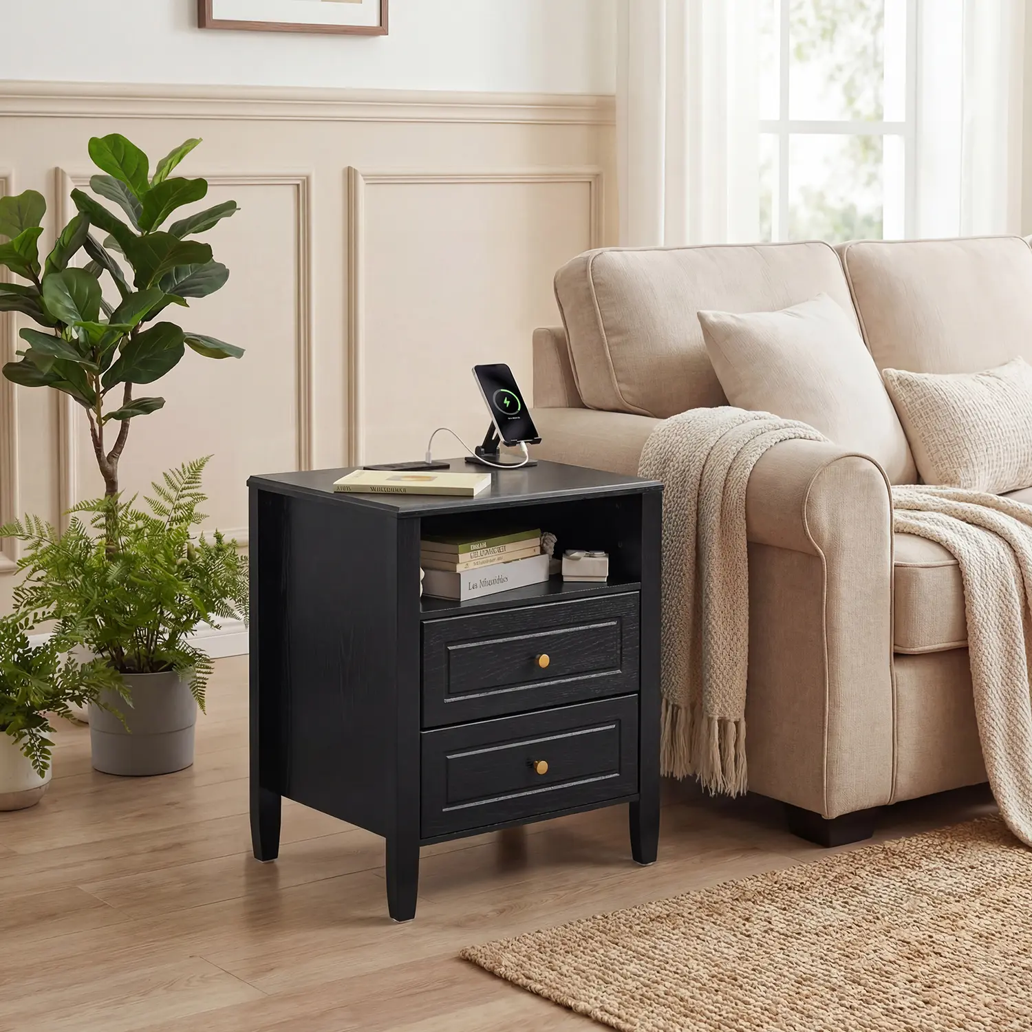 【IdealHouse】Modern Bedside Table with Charging Station, 2 Drawers and Open Storage Shelf, Tapered Legs and Gold Knobs, Compact Nightstand in Maple Wood Color with American Standard Socket for Bedroom and Living Room