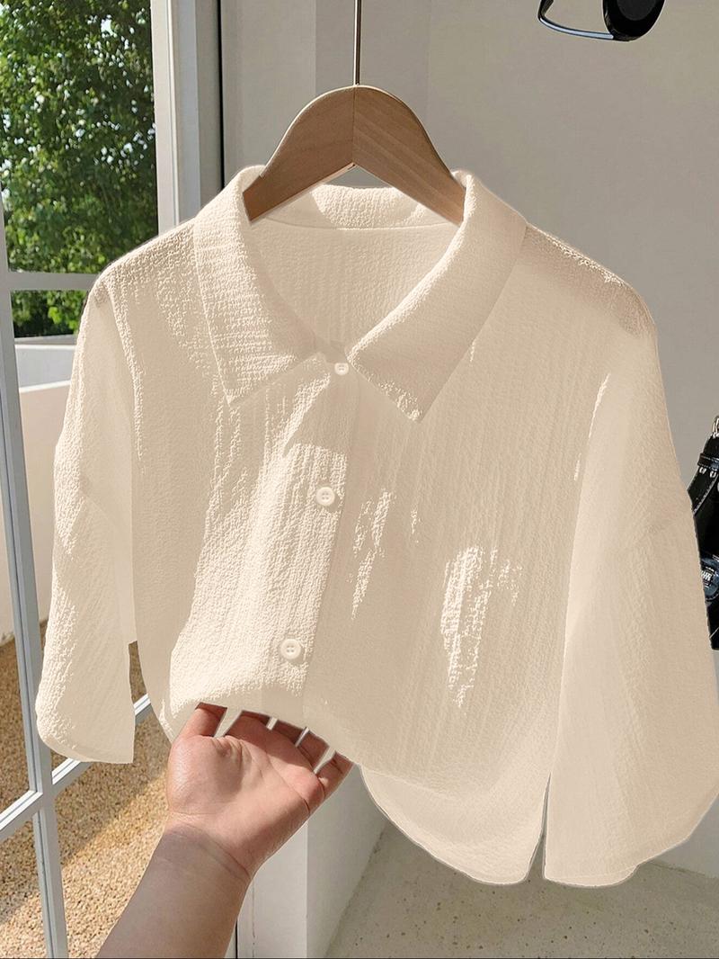 Women's Solid Color Shirt, Casual Button Front Top for Summer, Women's Clothing for Daily Wear