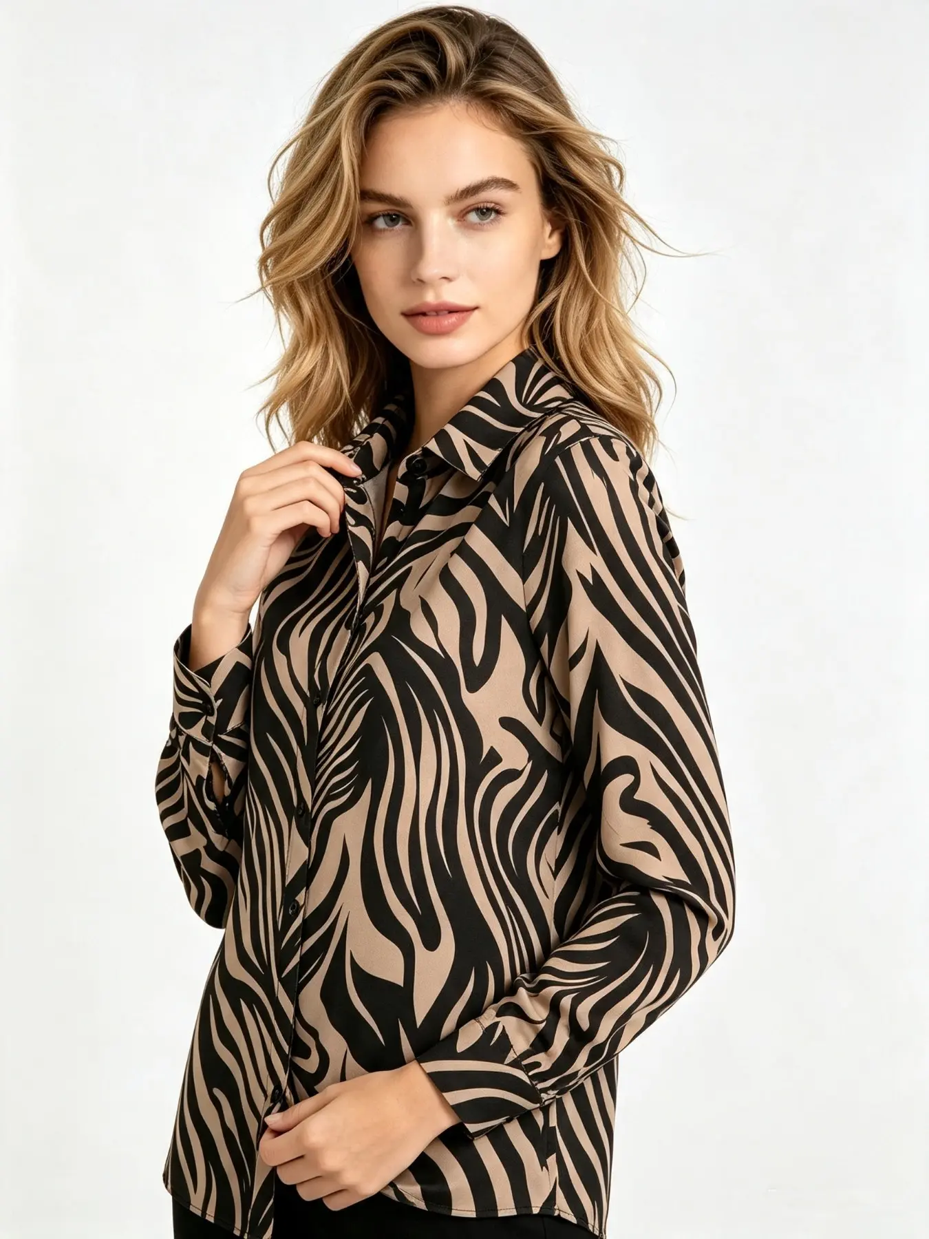 Women's Fashion Zebra Print Long Sleeve Button Shirt, Classic Pointed Collar Loose Fit Top, Casual Business Elegant Blouse