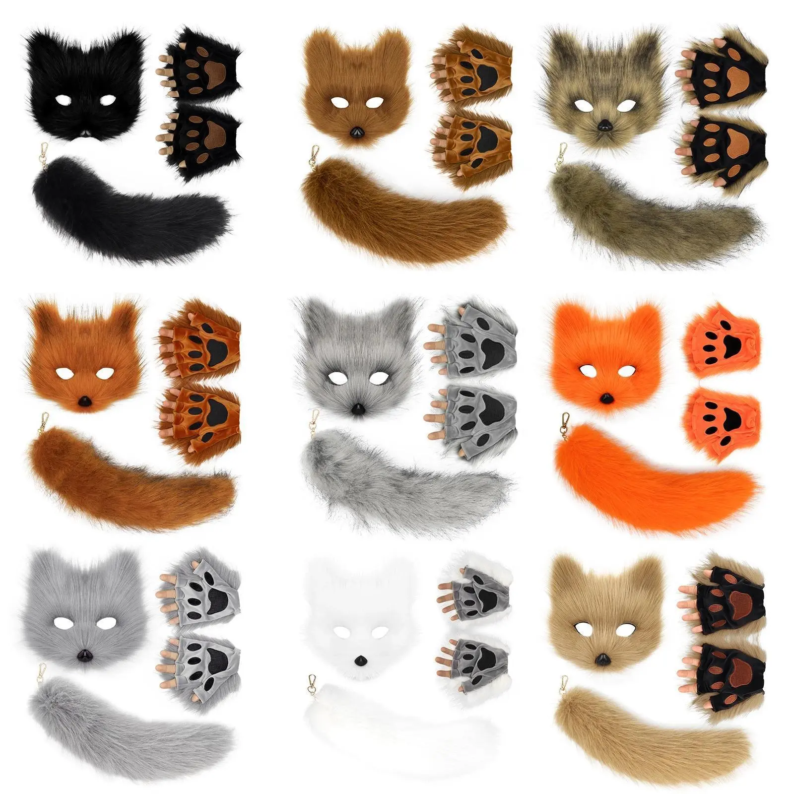 Fluffy Fur Fox Tail Keychain Cat Paws Gloves and Wolf Therian Mask Set for Halloween Cosplay Costume Accessories