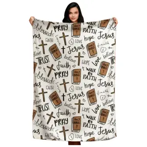 Christian Faith Cross Bible Print Flannel Blanket - Soft Plush Warm Throw for Couch Naps, Home Decor, Baptism & Christian Holiday Gifting