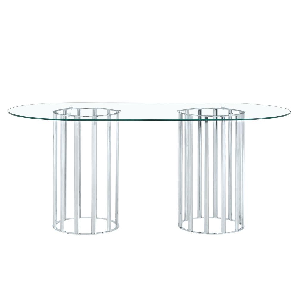 71 inch oval tempered glass dining table,black double column light luxury style,tempered glass scratch resistant and easy to clean.Suitable for 6-8 people dining, modern light luxury restaurant table.