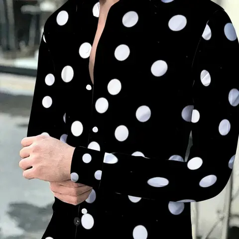 Men's Polka Dot Long-Sleeve Shirt, Slim-Fit Button-Down Shirt with Black Base and White Dots, Stylish Casual Printed Top for Parties, Work, and Various Occasions, Woven Fabric Shirt