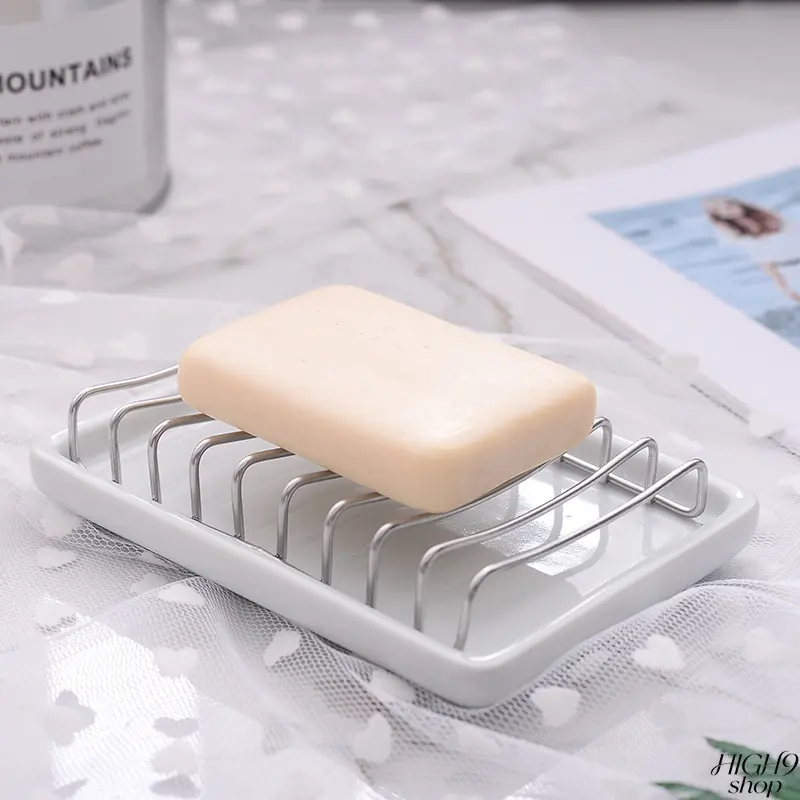 Dual Layer Drainage Ceramic Soap Dish, Stainless Steel Wire Soap Rack Tray (4.92 × 3.62 × 0.98 Inches), Creative Bathroom Soap Holder for Shower & Sink Countertop