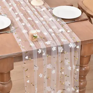White Floral Table Runner 10ft Embroidery Wildflowers Summer Seasonal Rustic Gauze Runner for  Shower Wedding Party Holiday  Kitchen Dining Table Decor