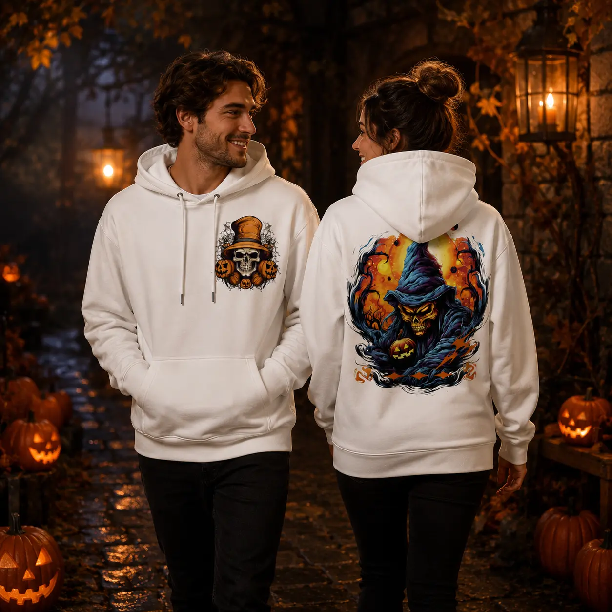 Dark Magic Halloween Long Sleeve Hoodie - White Pullover with Kangaroo Pocket, Witch Skull, Jack-O'-Lantern Back Print, Spooky Shadows Graphic - Gothic Joggers-Matching Sweatshirt for Parties, Fall Outfits, Hem