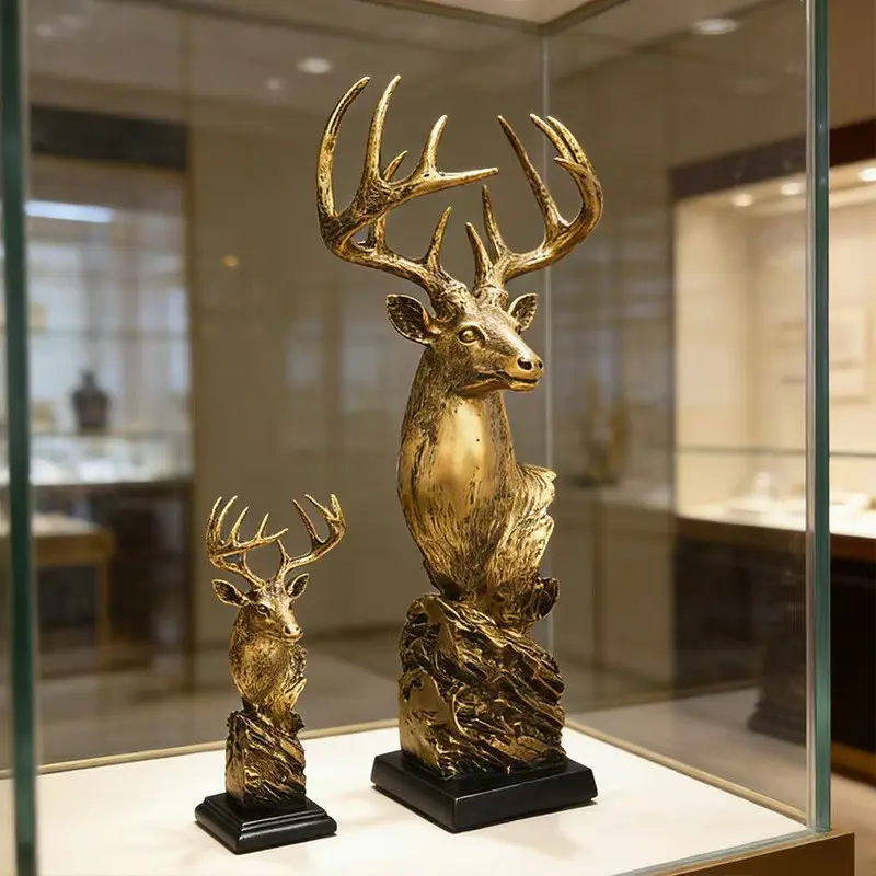 Vintage Bronze Deer Head Resin Statue, European Style Deer Sculpture, Antique Reindeer Ornament, Living Room Decor, Office Decoration, Moving Gift