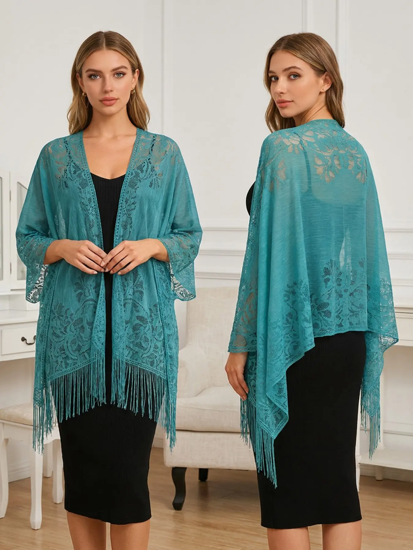 Women's Floral Lace Fringe Shawl Scarf, Floral Pattern Shawl, Lightweight Sheer Knit Open Front Outerwear, Evening Wedding Bride Dress Cape, Fashion Sun Protection Silk Scarf