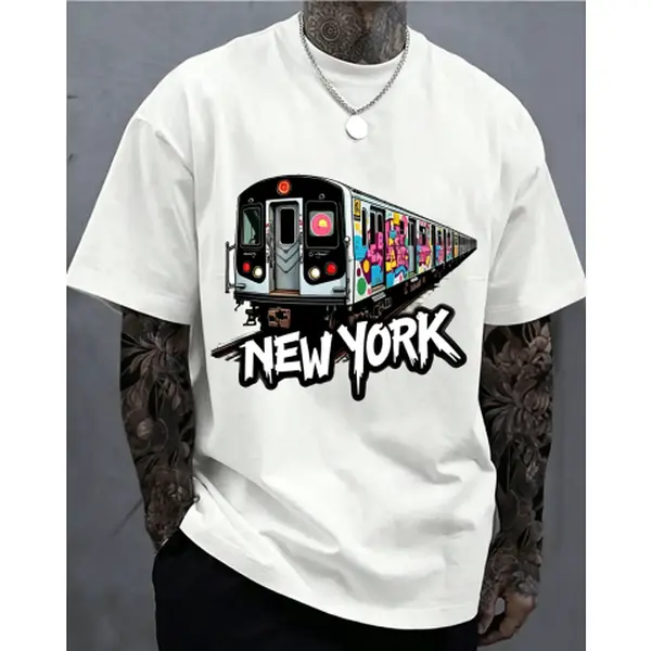 New York Subway Graffiti Print 180gCotton Breathable Regular Short Sleeve Crew Neck Casual Top Machine Washable for Outdoor and Casual Attire