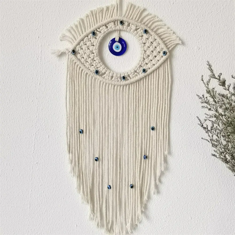 1Pcs Handmade Boho Macrame Hangable Wall Hanging With Blue Evil Eye, Woven Tapestry Wall Art Decor For Living Room Bedroom Apartment,Perfect new home birthday gift for Halloween celebration