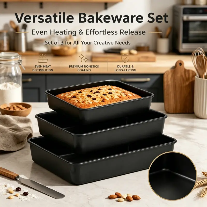 Premium Nonstick Rectangular Baking Tray Set of 3 Baking Trays for Oven Even Heating Long Lasting Carbon Steel Bakeware Easy Clean Cake Lasagna Roasting Pan