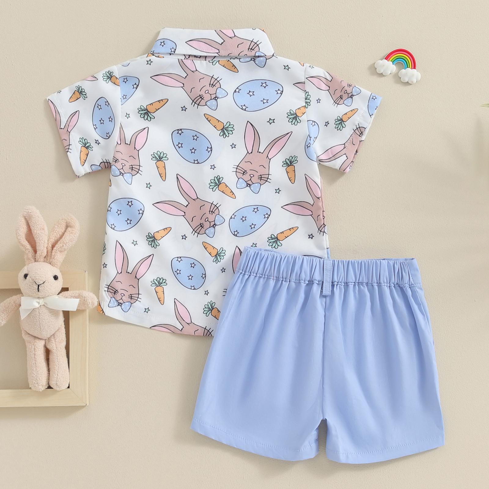 Babamoon Toddler Baby Boy Easter Outfits Carrot Rabbit Print Short Sleeve Button Down Shirt Top Solid Shorts Set Summer  2Pcs Clothes