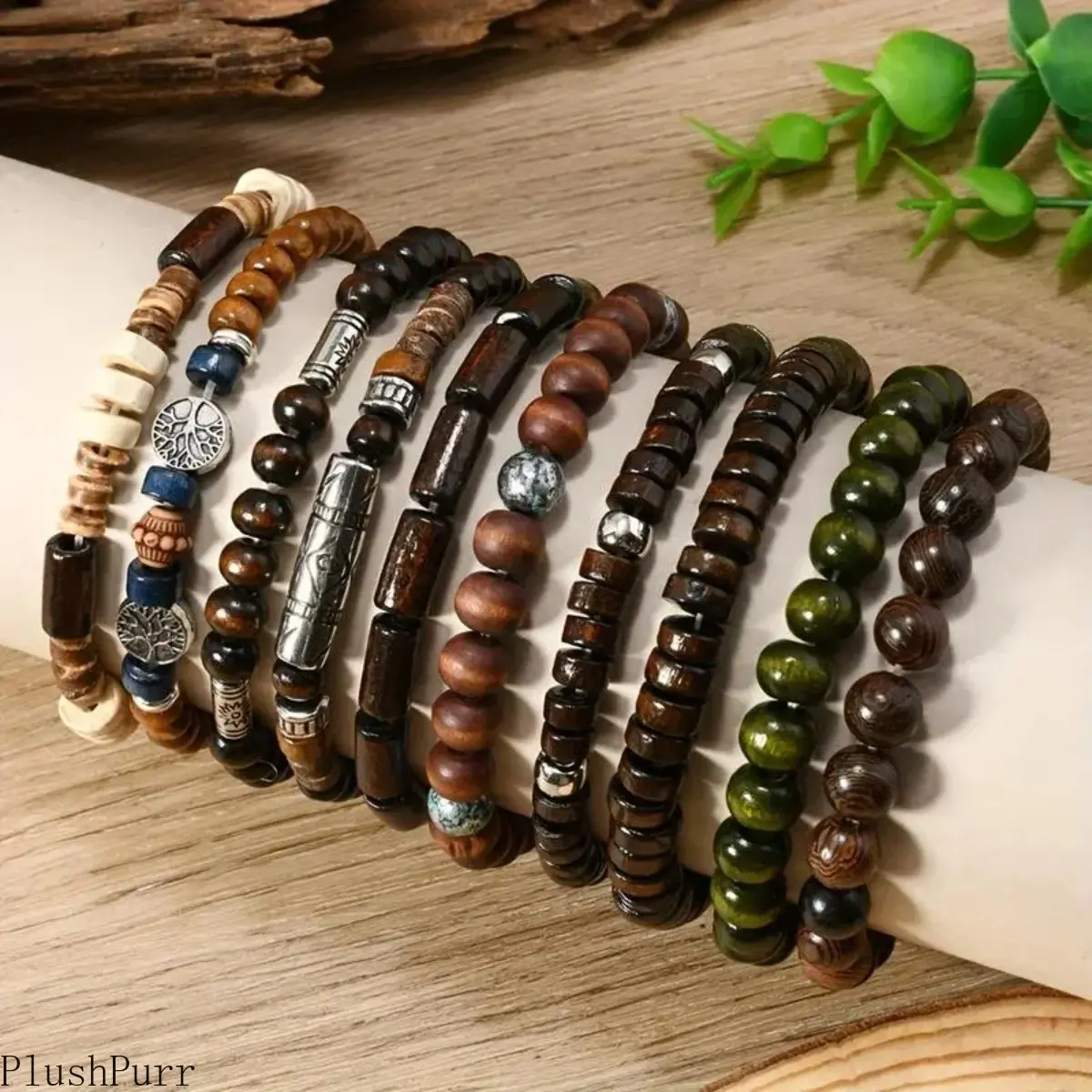 Unisex 10-Piece Natural Wooden Beaded Couple Bracelet Set, Bohemian DIY Bag Accessory, Gift-Ready Handmade Daily Wear Jewelry for Loved Ones