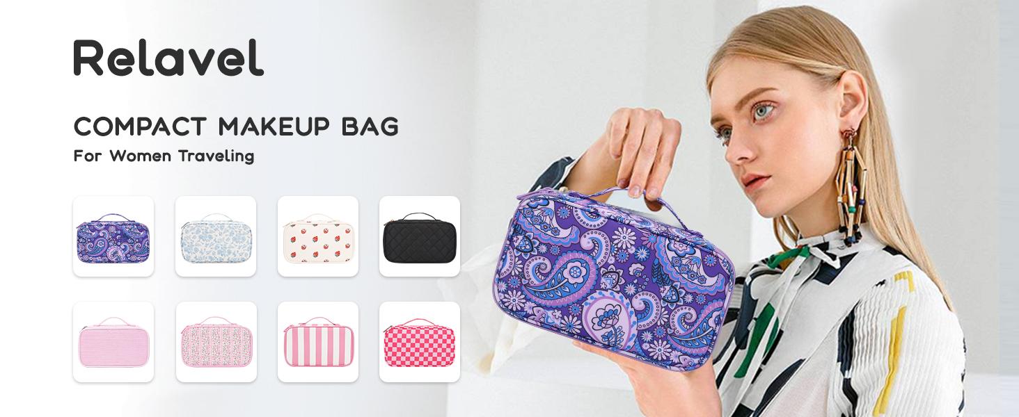 Travel Makeup Bag, Small Floral Cosmetic Bag with Makeup Brush Compartment, Portable Makeup Pouch for Women, Double Layer Cute Toiletry Organizer Bag, Purple Flower