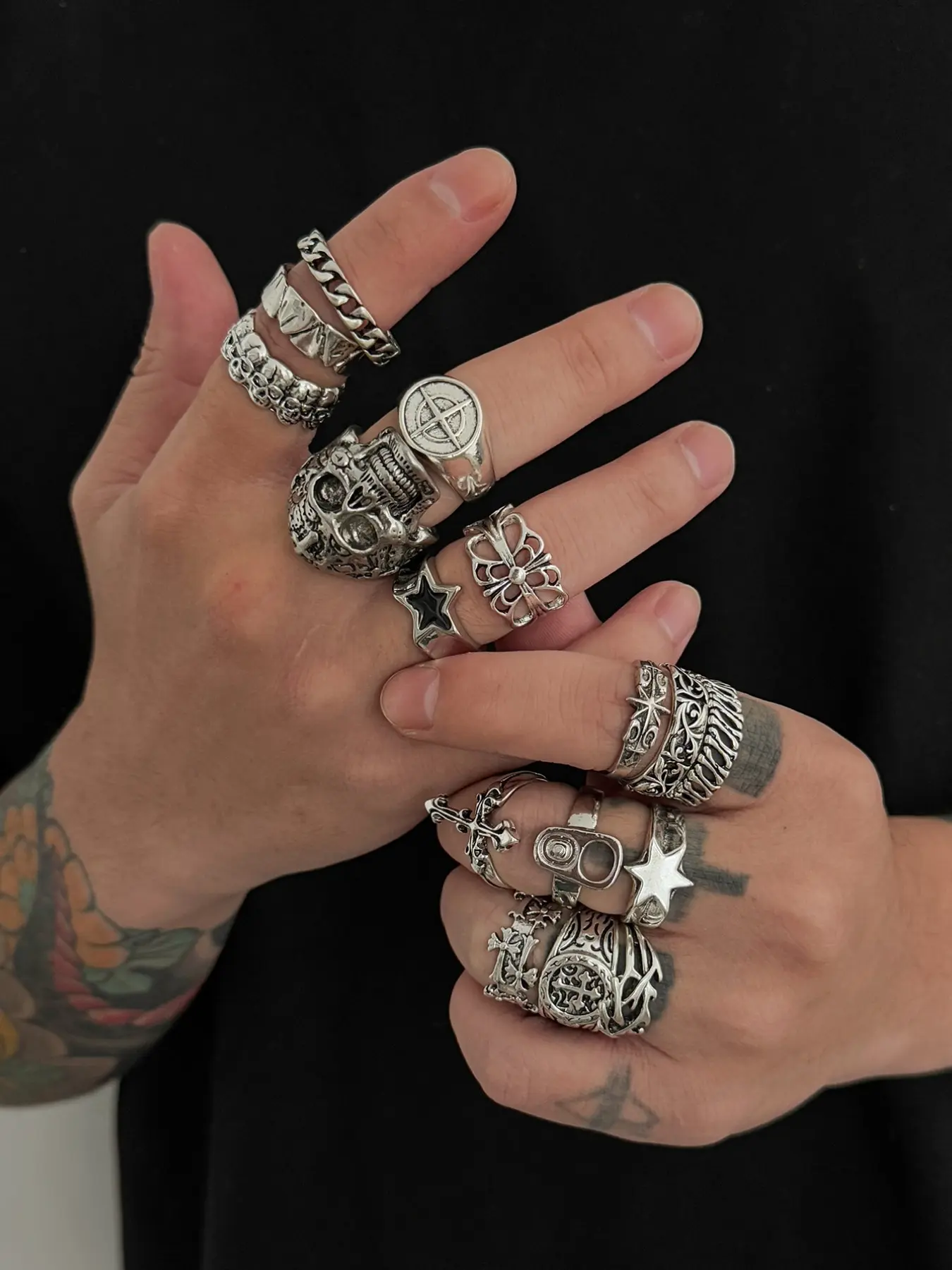 Vintage Silver Skull Cross Men's Ring Set, Fashion Rings, Punk Style Ring, Dark Aesthetic Rings, Punk Open Band, Streetwear Jewelry, Gift for Brother, Birthday, Festival