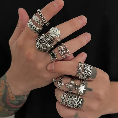 Vintage Silver Skull Cross Men's Ring Set, Fashion Rings, Punk Style Ring, Dark Aesthetic Rings, Punk Open Band, Streetwear Jewelry, Gift for Brother, Birthday, Festival
