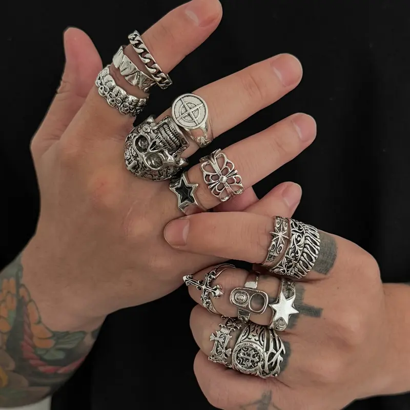 Vintage Silver Skull Cross Men's Ring Set, Fashion Rings, Punk Style Ring, Dark Aesthetic Rings, Punk Open Band, Streetwear Jewelry, Gift for Brother, Birthday, Festival