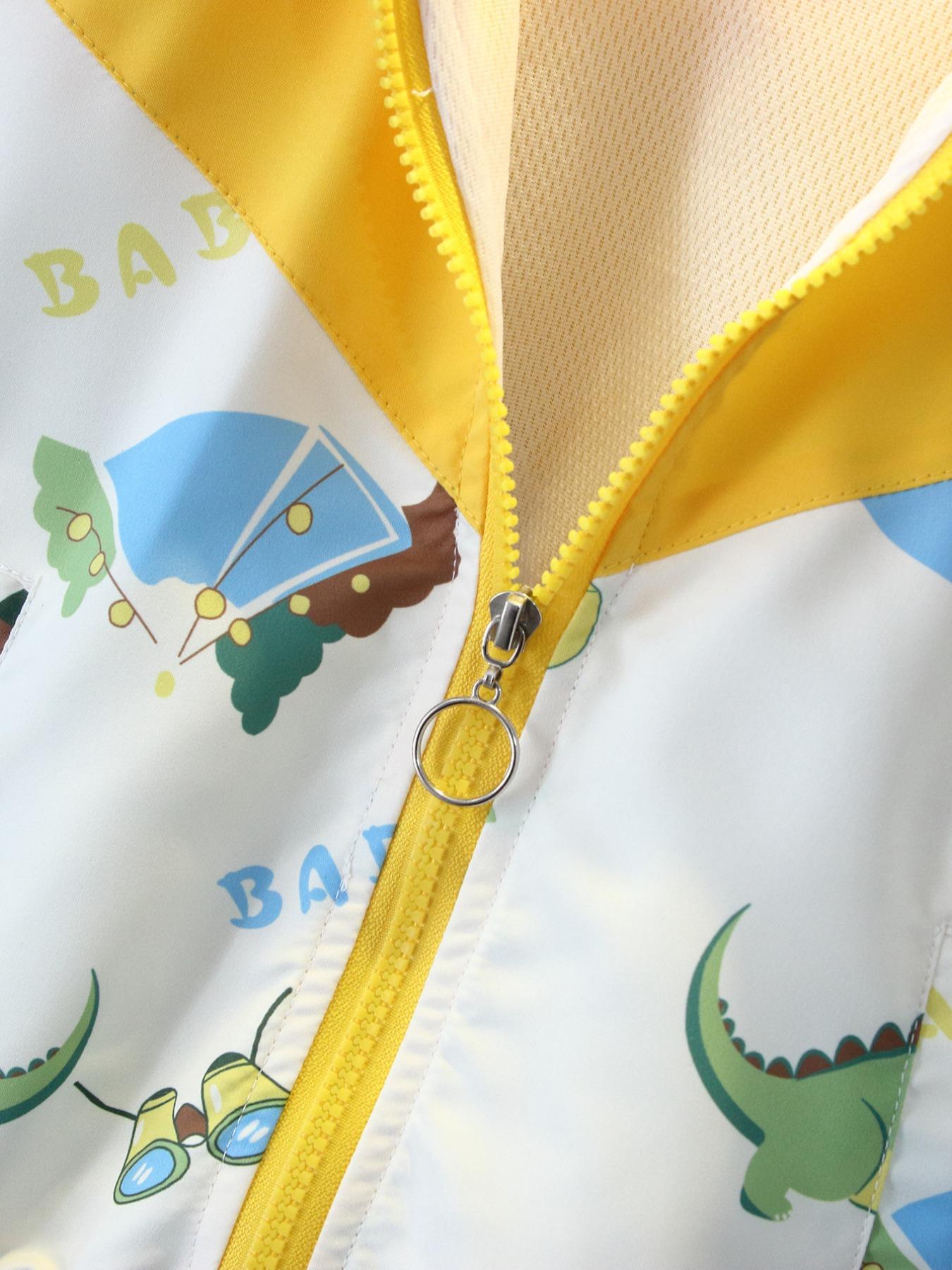 Boy's Cartoon Dinosaur Print Zip Up Hooded Jacket, Cute Casual Long Sleeve Outerwear for Spring & Fall, Kids Clothes for Daily Wear