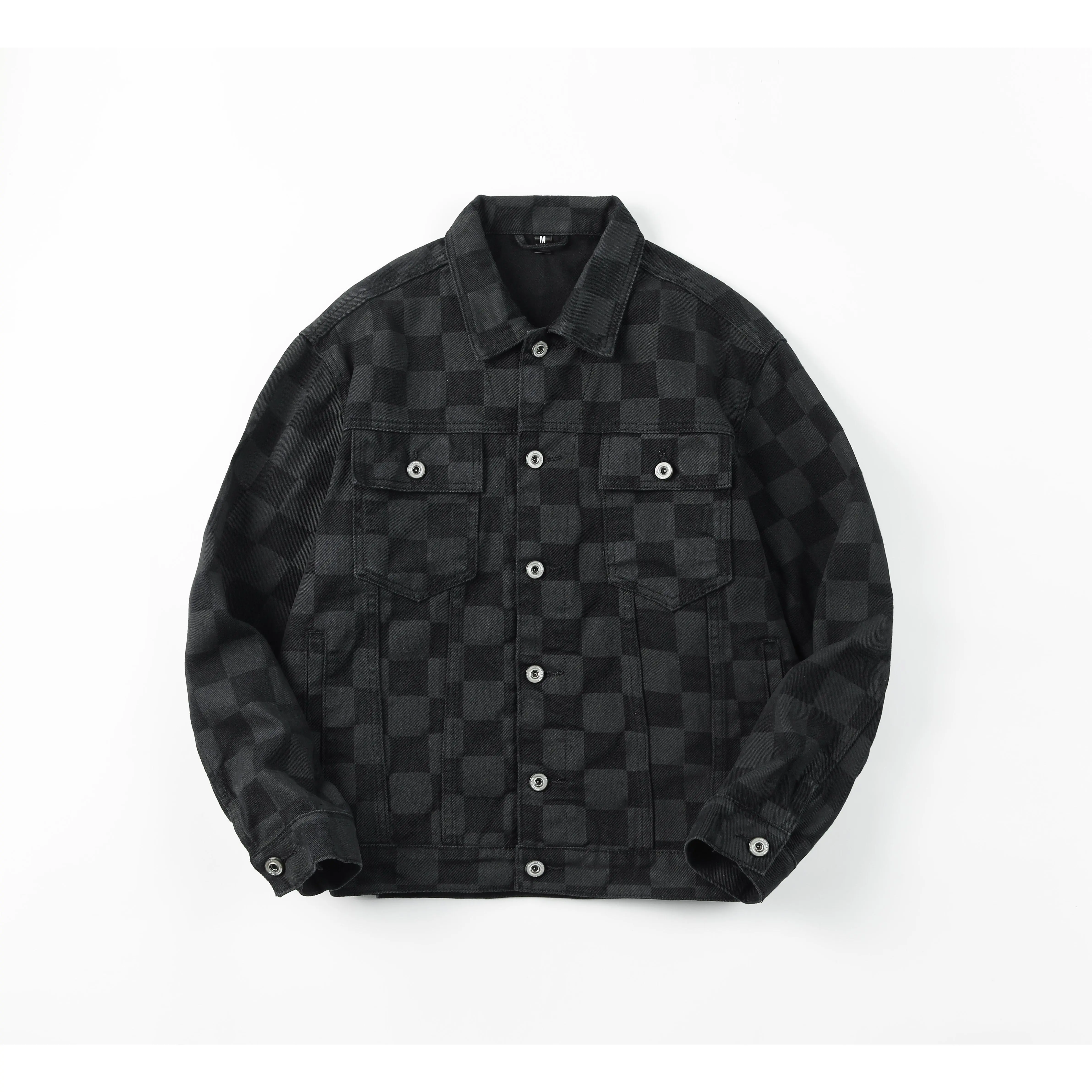 Men's High Cotton All Over Checkerboard Print Denim Trucker Jacket, Dark Grey Black Check Pattern Long Sleeve Button Up Jean Coat, Loose Fit Punk Streetwear Fashion Casual Outerwear Jacket for Men