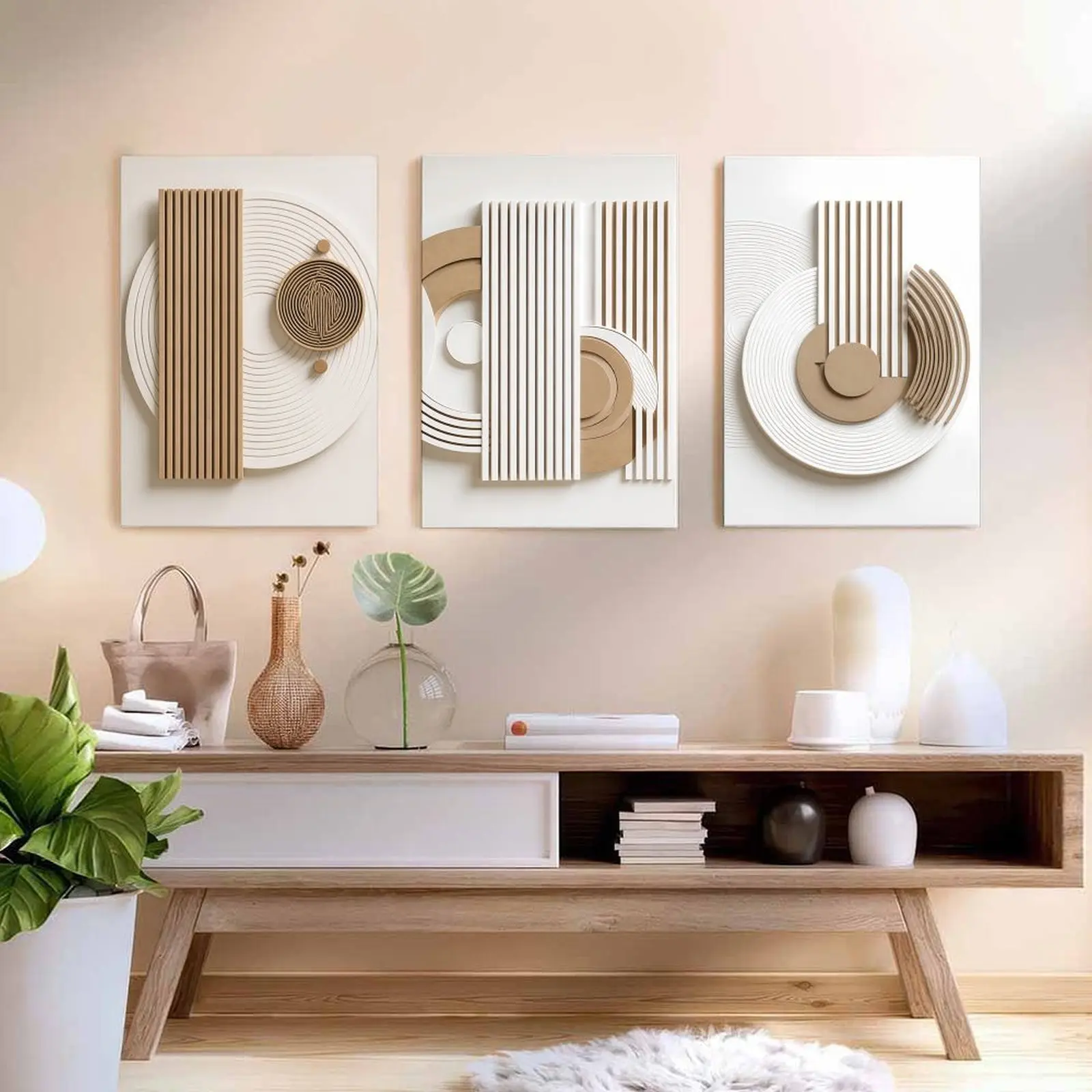 Wabi-Sabi Geometric Artistic Canvas Set (3-Piece), Waterproof Abstract Wall Decor, Modern Neutral Print for Living Room, Bedroom, Ideal Home Decoration & Gift