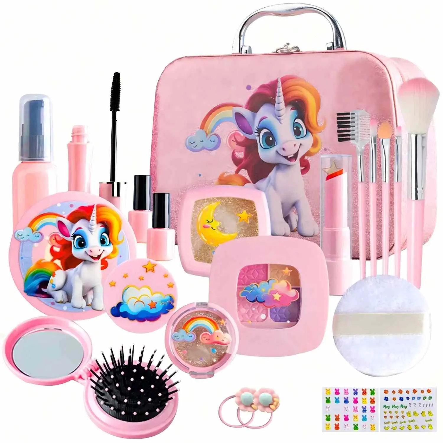 Unicorn Theme Makeup Toy Set, Simulation Makeup Tool with Sticker & Hair Tie, Pretend Play Makeup Toy for Girls, Birthday Party Gift, Kid Playset