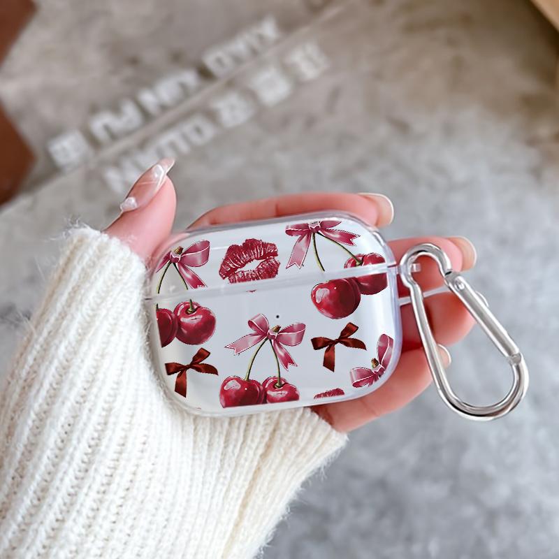 Cherry Kisses Pattern Protective Case for AirPods 4/3/2/1/Pro/Pro2 Soft TPU Earphone Cover, Transparent with Keychain
