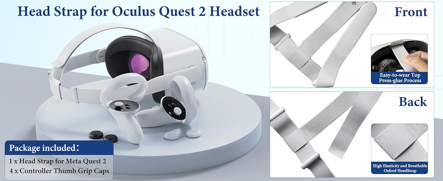 Head Strap for Oculus Quest 2 Headset, Original Replacement Head Strap Compatible with Meta Quest 2 Headstrap with 4 Pcs Controller Thumb Grip Caps