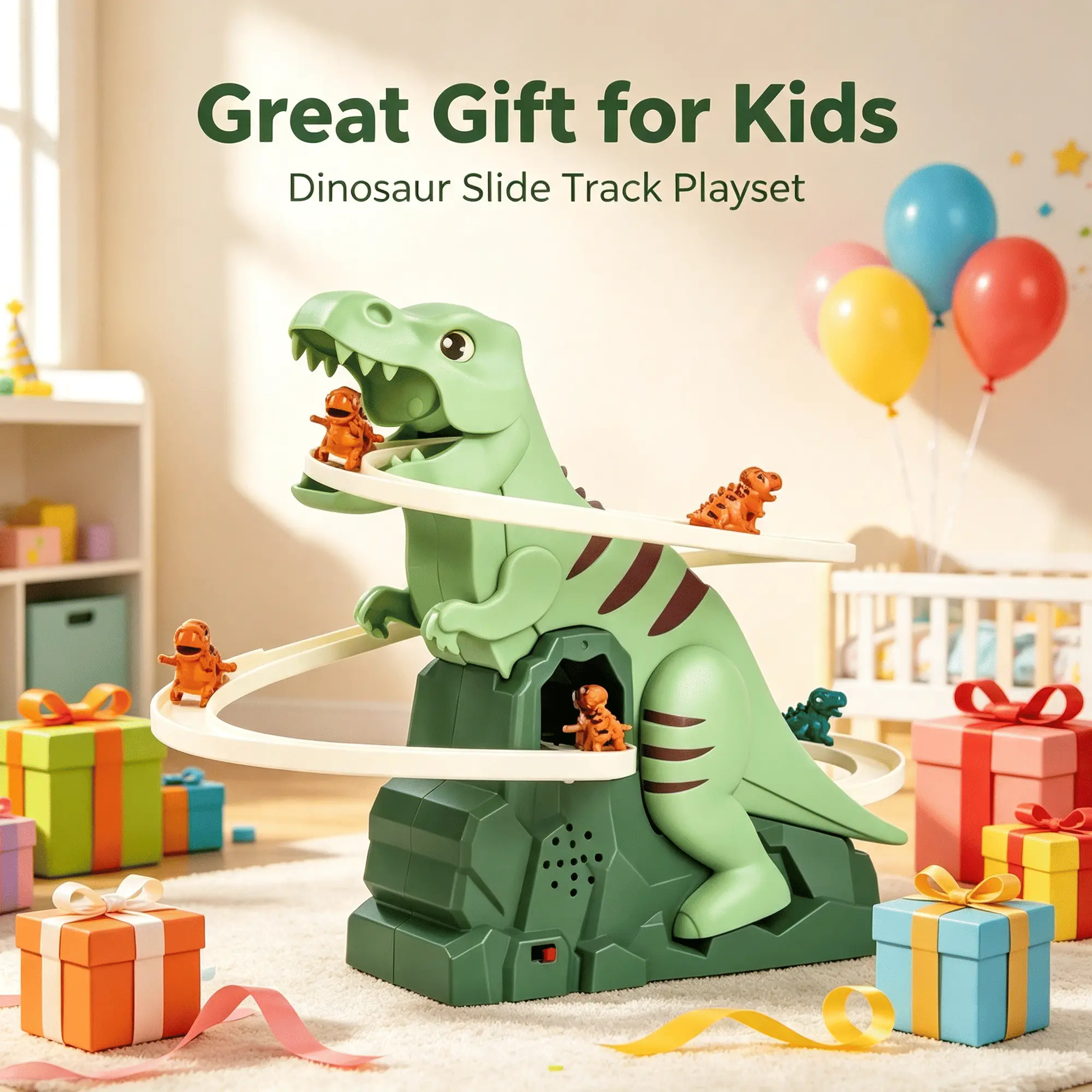 Kids Electric Dinosaur Slide Track Toy, Auto Circling Tyrannosaurus Rex Roller Coaster Playset with Light Sound, Dinosaur Chasing Race Game for Boys Girls Ages 3+