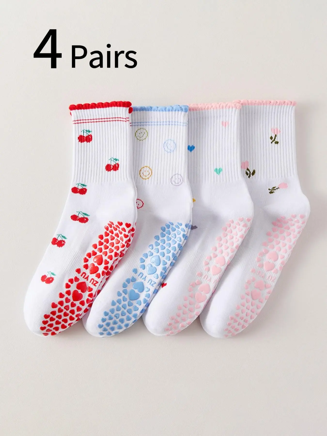 4 Pairs Women's Mid-Calf Socks, Cute Yoga Socks, Non-Slip, Colorblock Print, Breathable, Comfortable, Soft, All Seasons