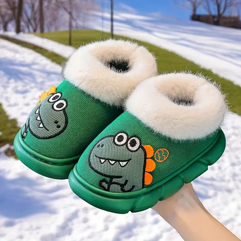 Girls & Boys Cute Dinosaur Slippers - Soft Fabric Upper with Plush Lining & EVA Sole, Green with Heart & Dinosaur Patterns, Cozy Indoor/Outdoor Winter Shoes for Kids, All-Season Comfort, Easy Slip-On Design (Low-Top) - Ideal for Home, School, Play - Durab