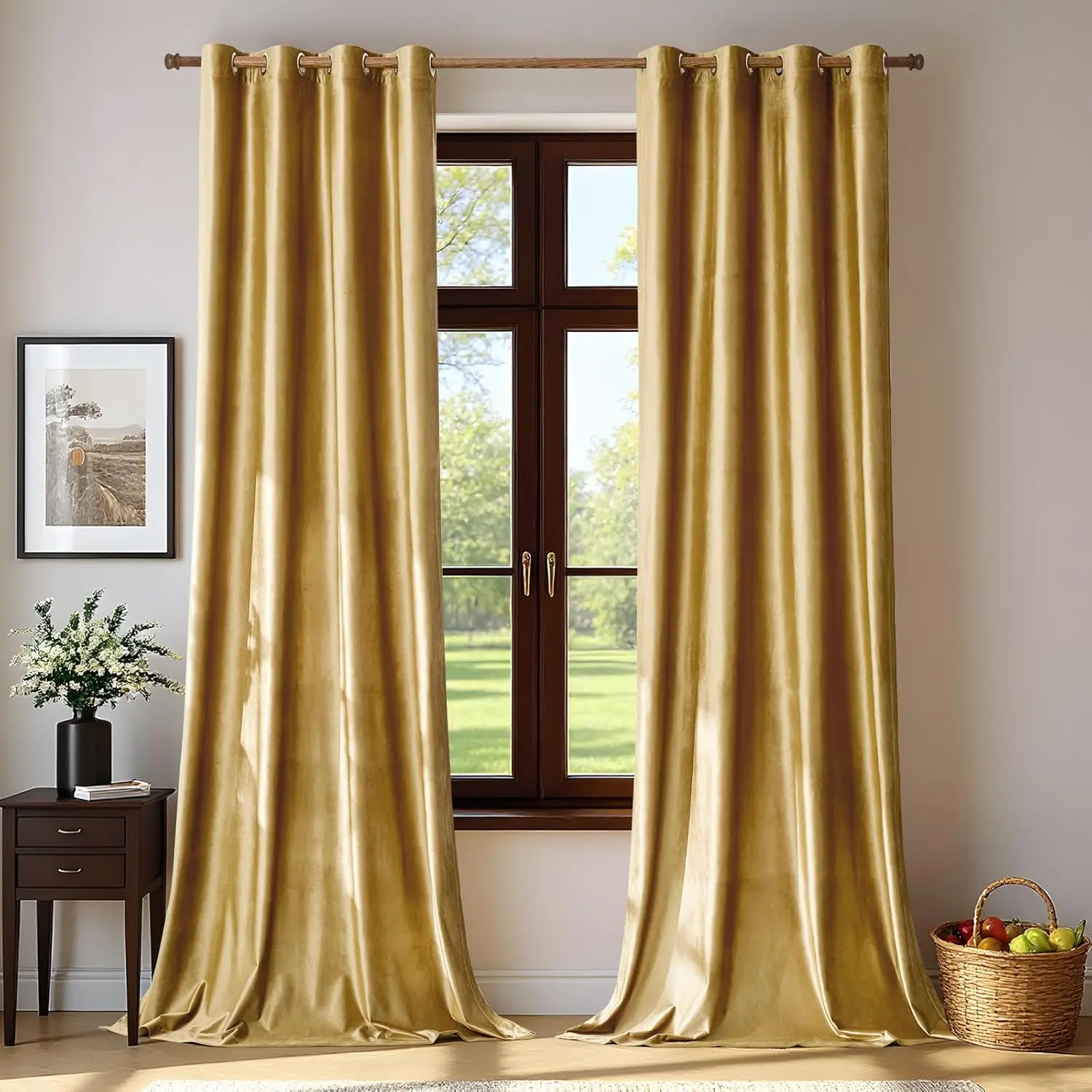 Velvet Gold Grommet Blackout Curtains 84 inch Length for Living Room| Bedroom Room Decor,Luxury Elegant,Thermal Insulation,Window Drapes,Darkening,UV rays,Privacy,Set of 2 Panels