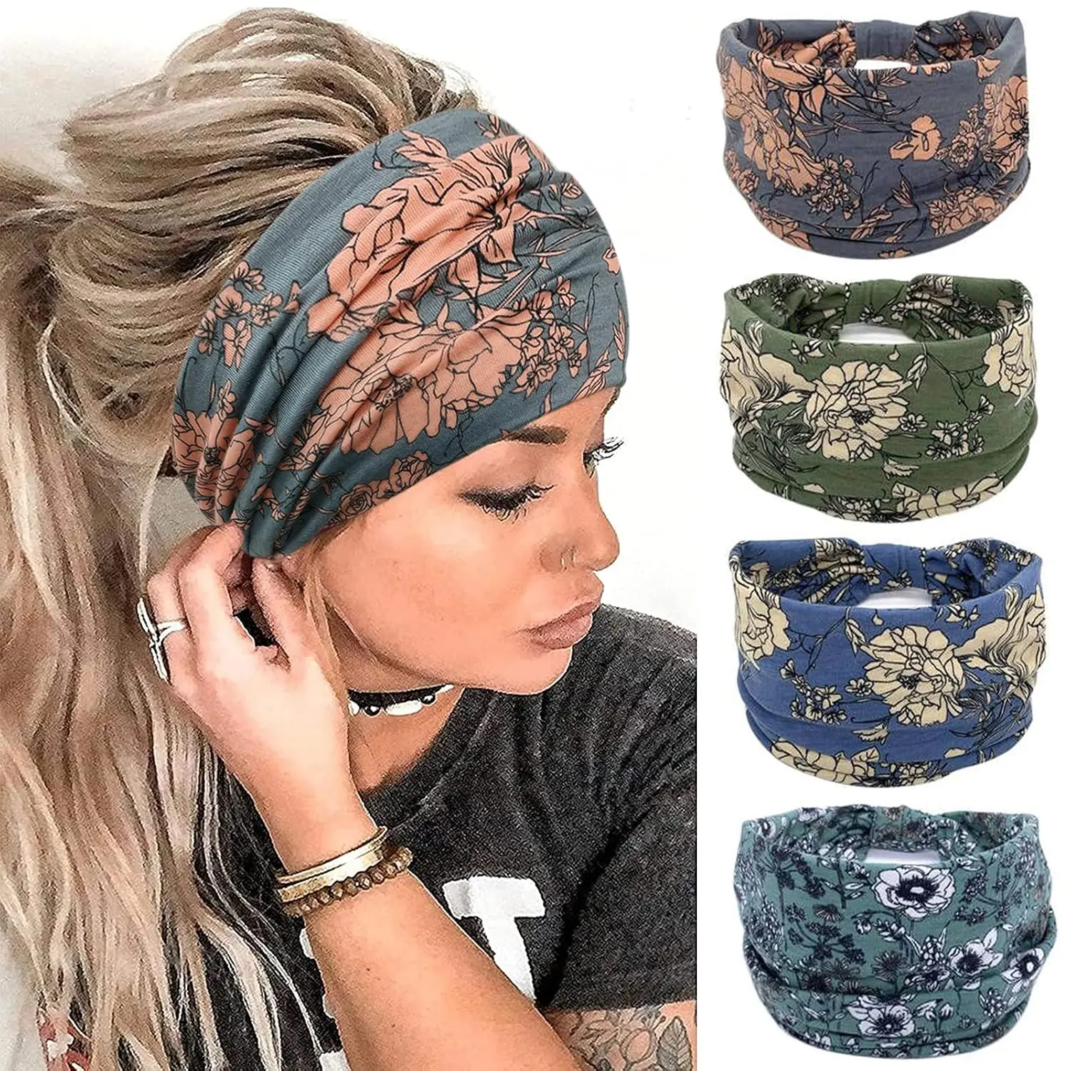 Wide Boho Headbands for Women Fashion Knotted Headband Yoga Workout Hair Accessories   Wrap 4 Pack