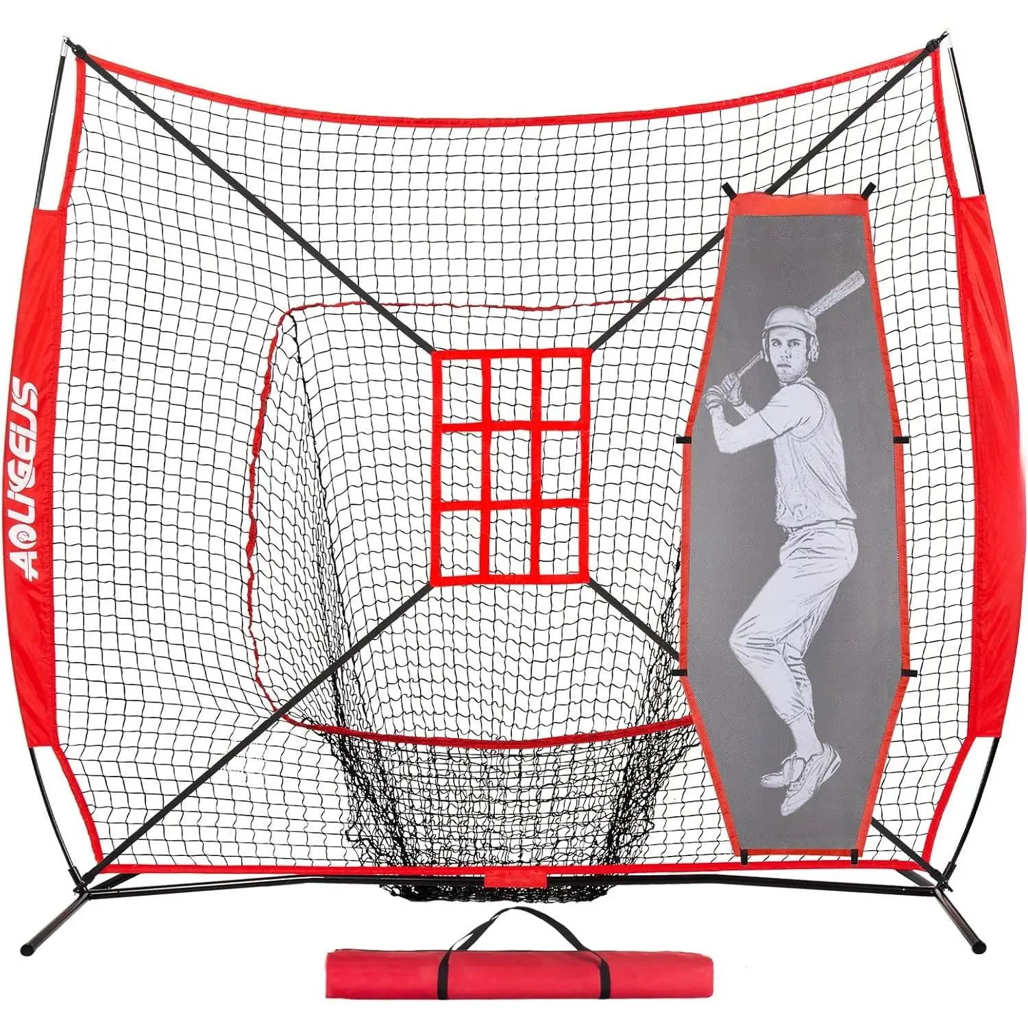 7'X7' Baseball Softball Practice Net,Pitching Net,Batting Net,with Baseball Tee,Bonus Strike Zone and Bow Frame,for Hitting,Pitching, Catching