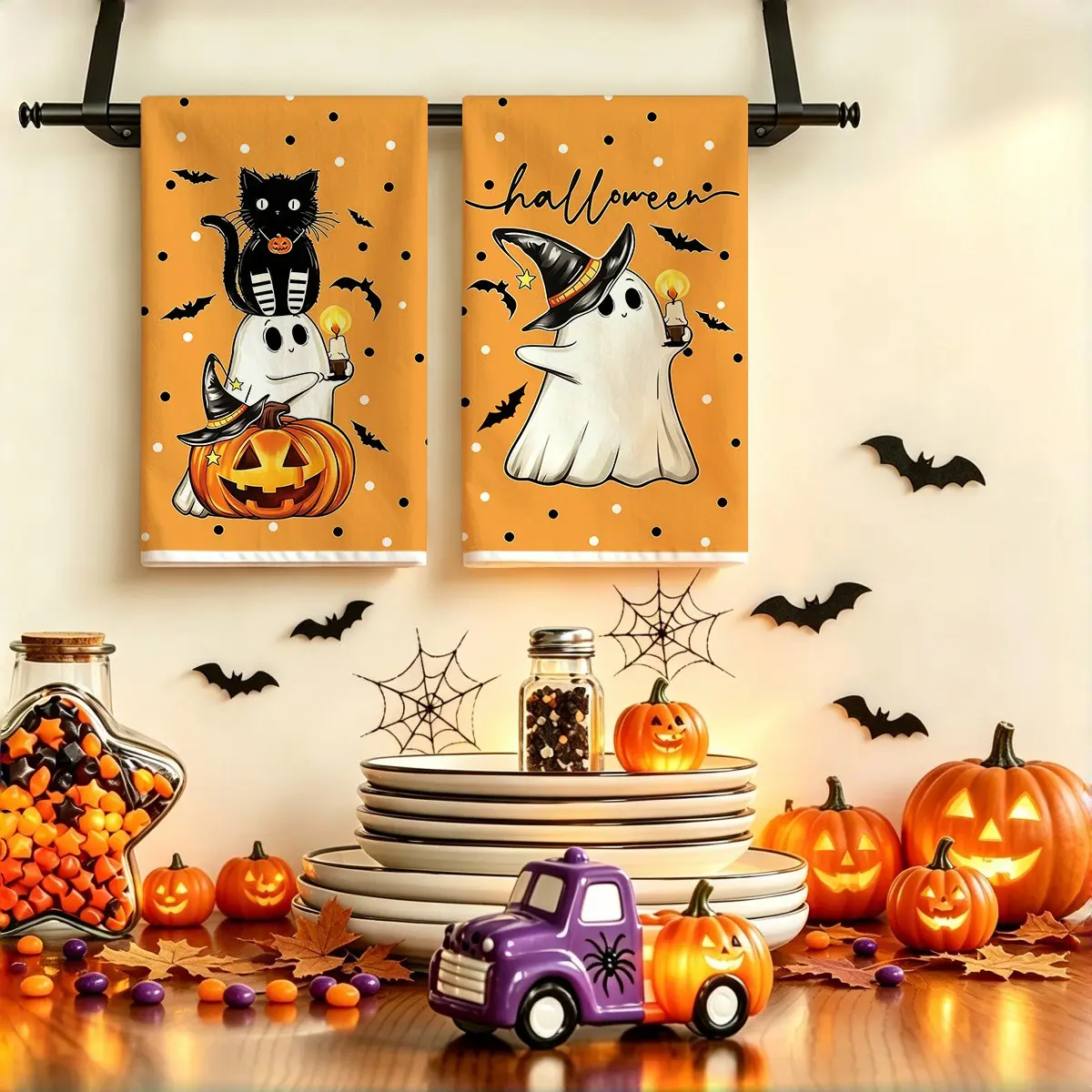 2-piece kitchen towel set featuring orange ghost, black cat, pumpkin, and bat designs, Halloween-themed kitchen towels, soft and quick-drying kitchen hand towels, 15.7x23.6 inches, multi-purpose towels