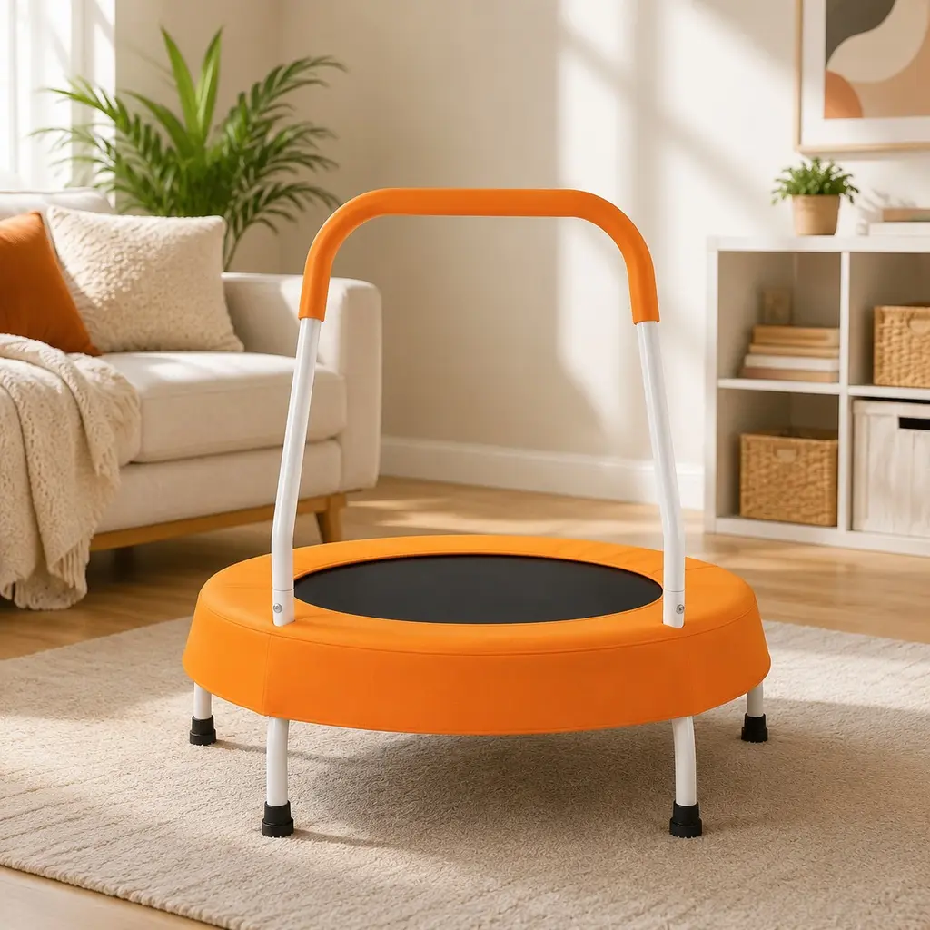 28-Inch Toddler Trampoline for Kids 1-4, Spring-Free Mini Jumper with Padded Safety Handle, Indoor Outdoor Toy for Balance & Coordination Development, Confidence