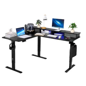 VEVOR L Shaped Desk, Electric Adjustable Height Corner Gaming Desk with CPU Stand, Dual Hooks and Fabric Drawers, L-Shaped Computer Table with Light Strip for Home Office, Easy to Assemble, Black